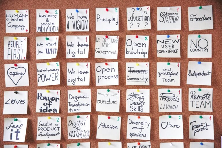 A corkboard filled with handwritten notes representing core values and principles of a collaborative and innovative company culture, highlighting themes such as human orientation, digital transformation, teamwork, and the importance of community and diverse opinions.